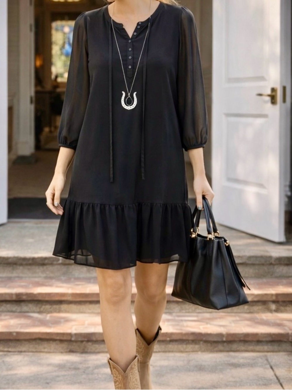 Draper James Black Chiffon Ruffle-Hem Mini Dress